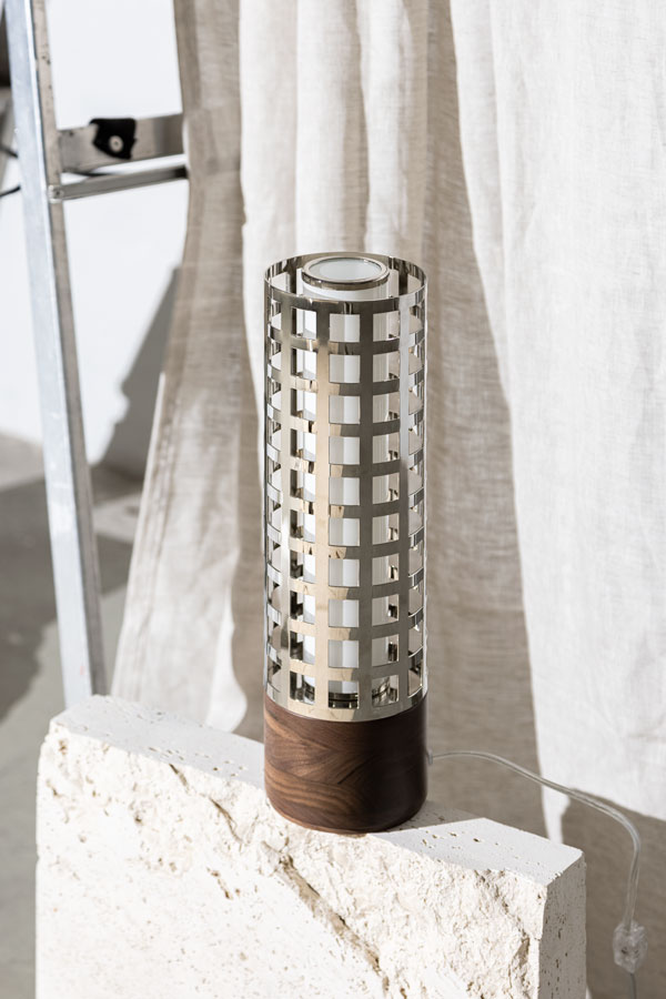 Solid wood base with a polished nickel brass structure and light diffuser in opal glass.
